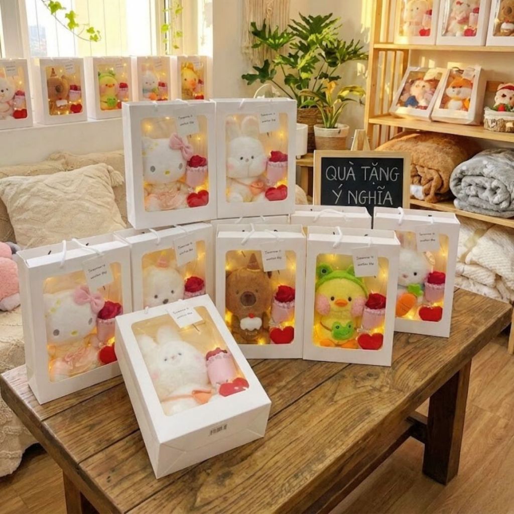 Túi Set Quà Tặng Gấu Bông Túi Quà Mặt Kính Kèm Bó Hoa, Đèn Led, Thiệp Làm Quà Tặng Sinh Nhật Cho Nữ/Nam, Cho Bé.Babisu