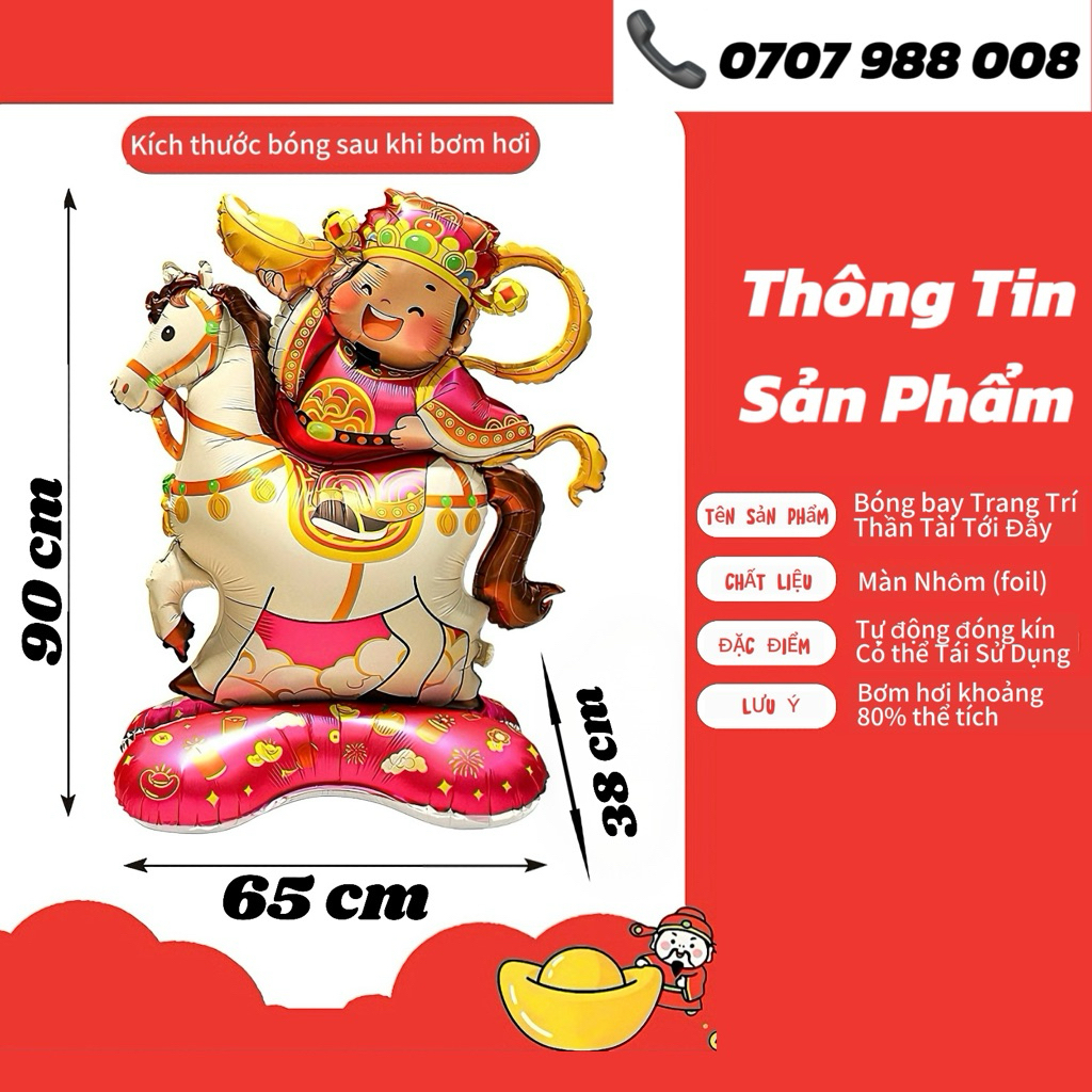 Bóng Bay Thần Tài Cưỡi Ngựa Phát Tài – Bóng Kiếng Trang Trí Tết, Khai Trương, Văn Phòng, Lễ Tân
