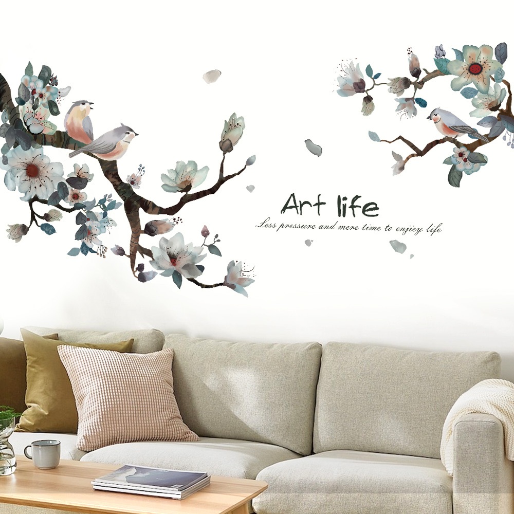 Decal Dán Tường Hoa Lá Mùa Xuân Có Keo Sẵn 146x69cm - Trang Trí Phòng Khách Phong Cách Sang Trọng