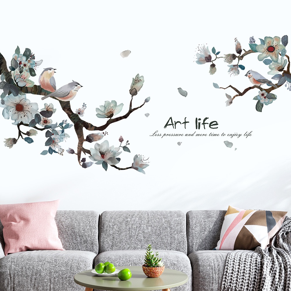 Decal Dán Tường Hoa Lá Mùa Xuân Có Keo Sẵn 146x69cm - Trang Trí Phòng Khách Phong Cách Sang Trọng
