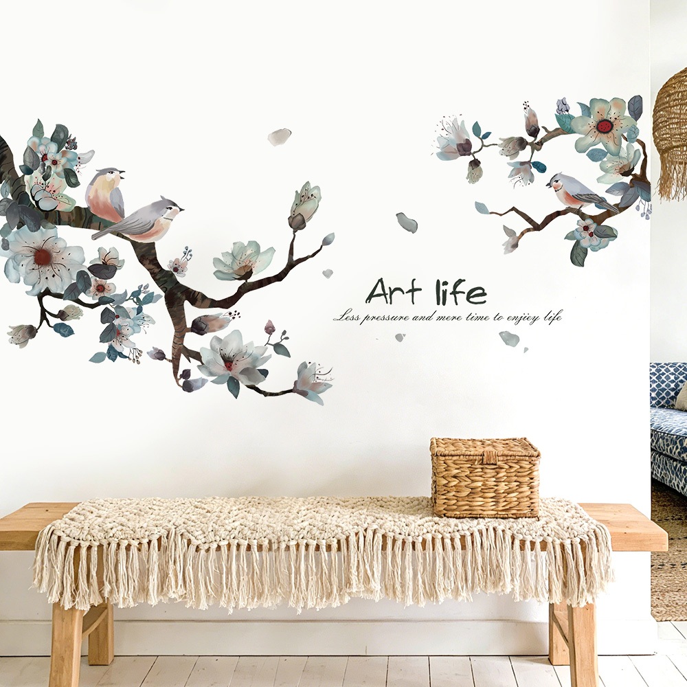 Decal Dán Tường Hoa Lá Mùa Xuân Có Keo Sẵn 146x69cm - Trang Trí Phòng Khách Phong Cách Sang Trọng