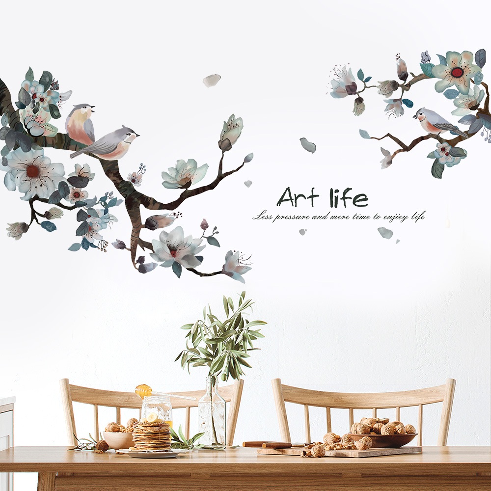 Decal Dán Tường Hoa Lá Mùa Xuân Có Keo Sẵn 146x69cm - Trang Trí Phòng Khách Phong Cách Sang Trọng