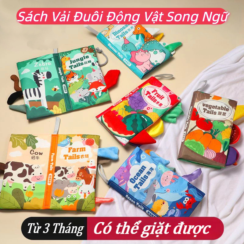 Sách Vải Đuôi Động Vật Song Ngữ,Sách vải cho bé có đuôi Sách mềm Giáo dục sớm Khai sáng Đồ chơi