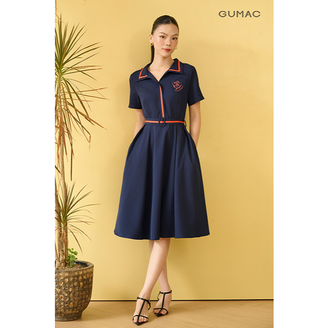 Đầm Nữ Dáng A Xòe GUMAC Nhẹ Nhàng Tay Ngắn Phối Dây Viền Thêu Hoa Tinh Tế DF10070