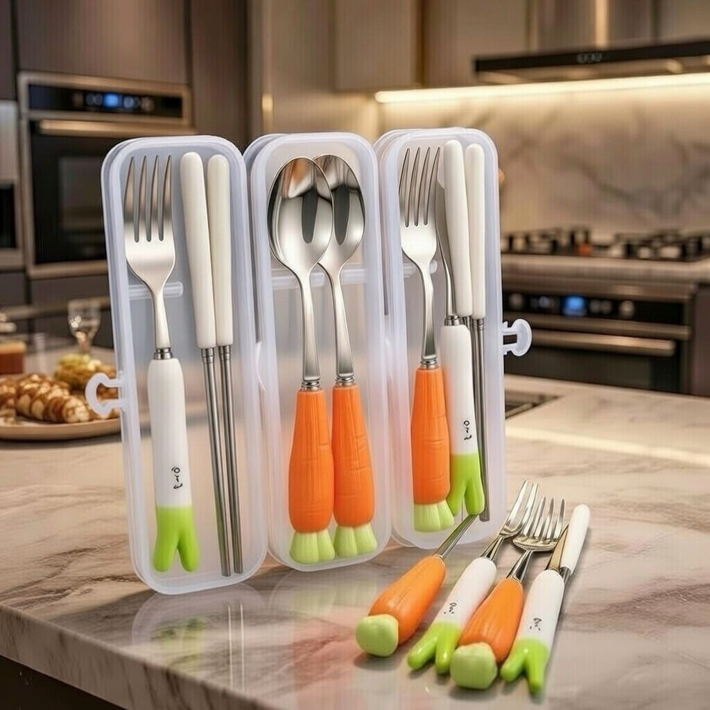 Bộ 3 Món Thìa Đũa Nĩa Inox Cán Hình Cà Rốt Thỏ Cute - Bộ Đồ Ăn Dễ Thương Có Hộp Đựng Tiện Lợi Cho Bé Văn Phòng