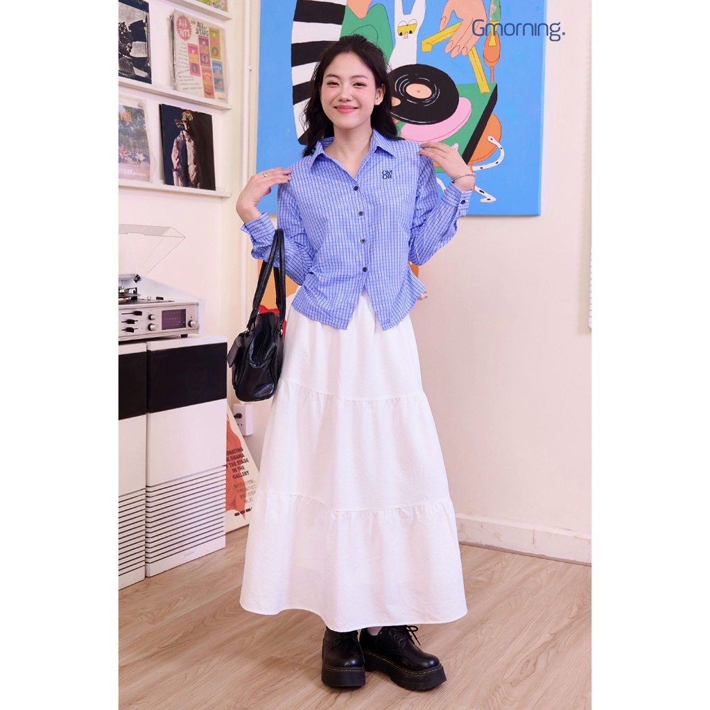 Chân Váy Midi Tầng GUMAC Form A Xoè Lưng Thun Có Túi Xéo Chất Cotton Mịn 2 Lớp Mềm Mát YVF11042