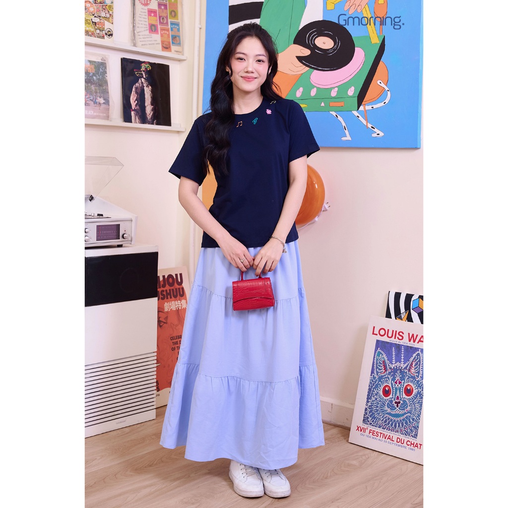 Chân Váy Midi Tầng GUMAC Form A Xoè Lưng Thun Có Túi Xéo Chất Cotton Mịn 2 Lớp Mềm Mát YVF11042