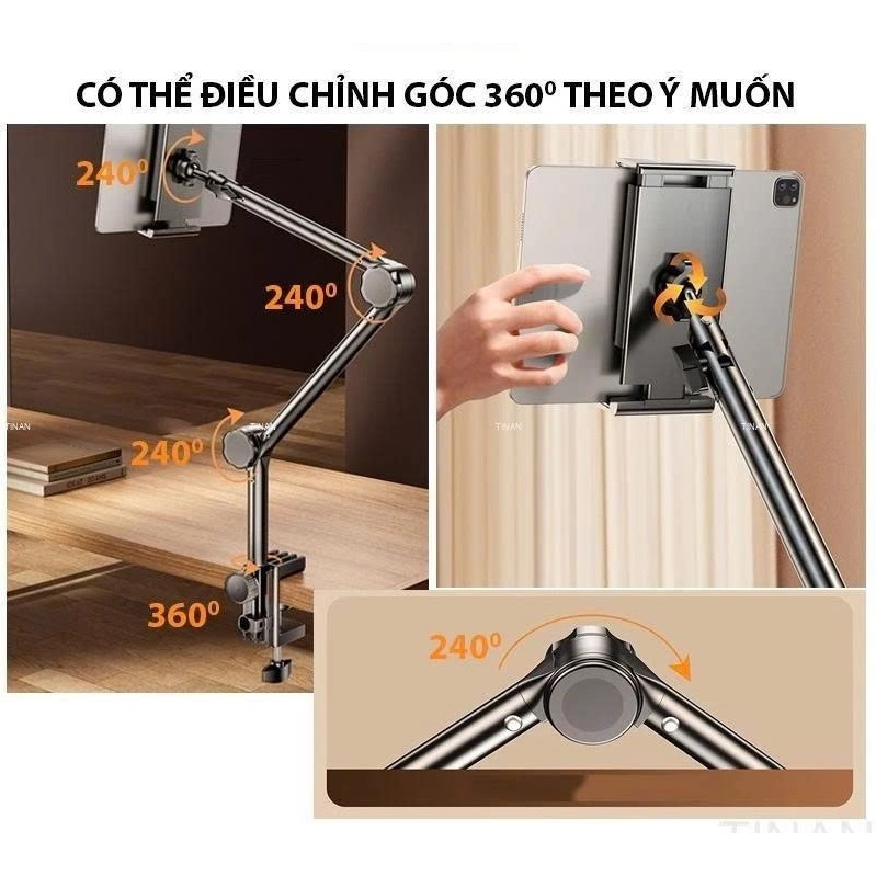 Giá đỡ điện thoại, ipad kẹp đầu giường, cạnh bàn hợp kim nhôm xoay 360 độ di động chịu lực chắc chắc, chống rung