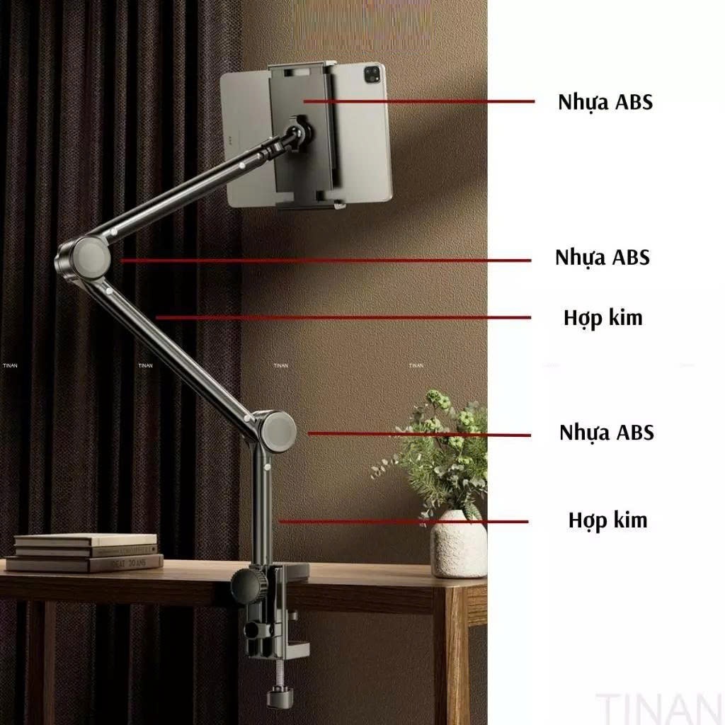 Giá đỡ điện thoại, ipad kẹp đầu giường, cạnh bàn hợp kim nhôm xoay 360 độ di động chịu lực chắc chắc, chống rung