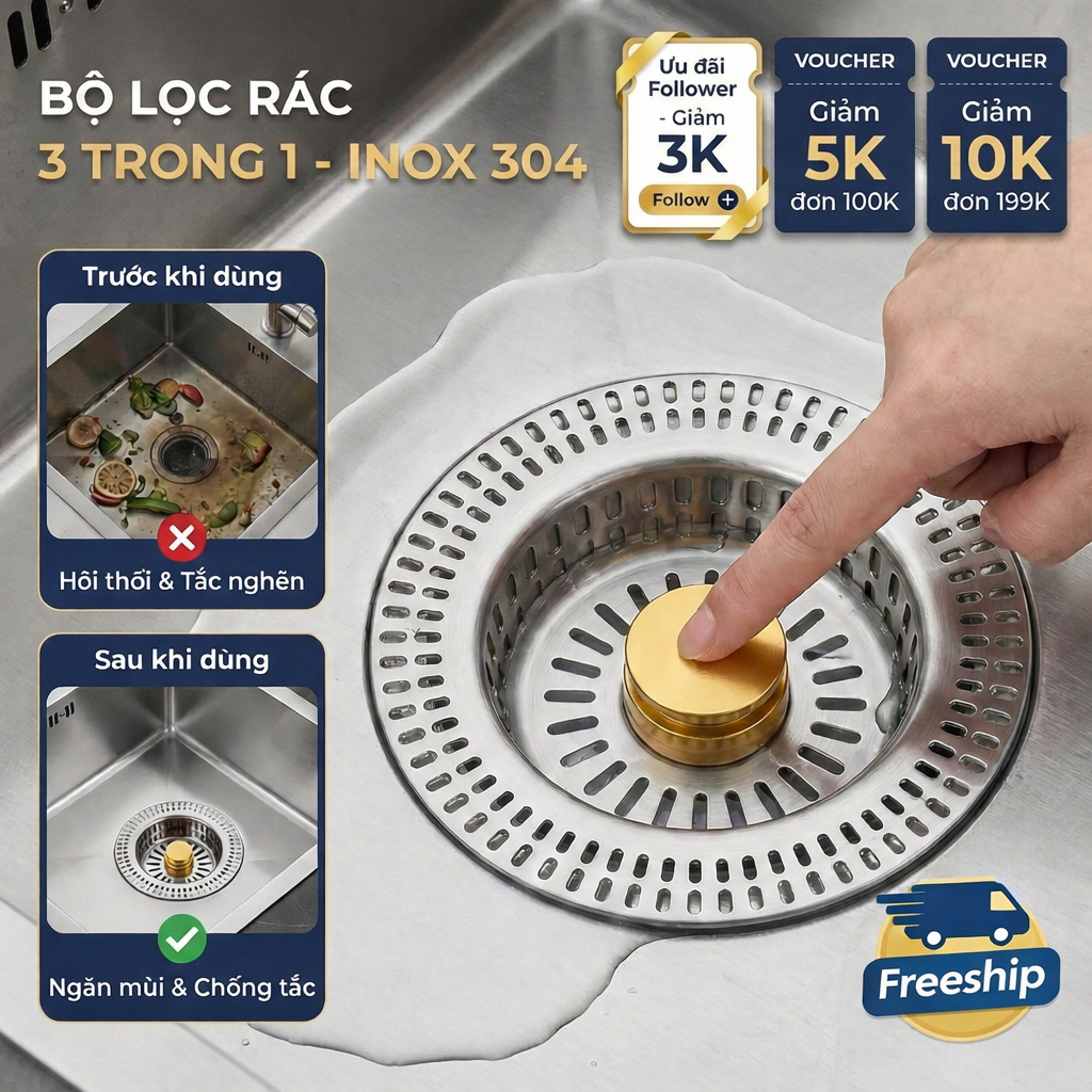 Nút nhấn xả lọc rác bồn rửa chén inox 304 3 trong 1 – giỏ lọc thức ăn thừa, ngăn mùi côn trùng