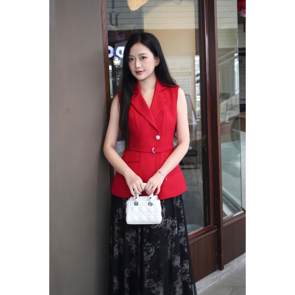 LABAVISTA Áo gile cổ vest vải tweed kèm belt sang trọng phong cách hiện đại thiết kế cao cấp
