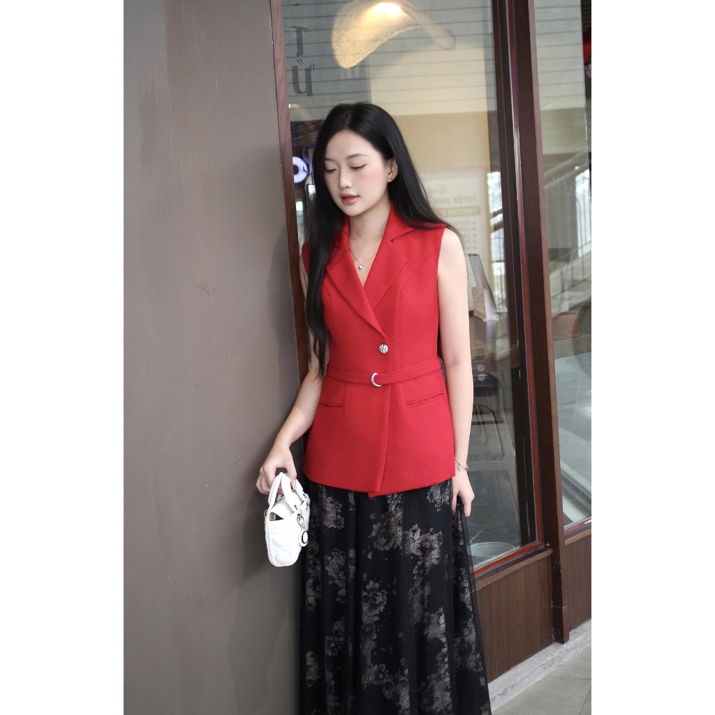 LABAVISTA Áo gile cổ vest vải tweed kèm belt sang trọng phong cách hiện đại thiết kế cao cấp