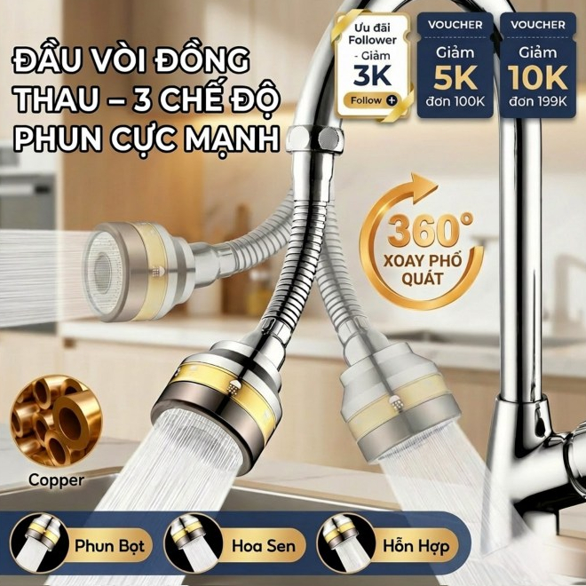 Đầu Vòi Rửa Bát Tăng Áp ĐỒNG THAU Inox 304 Cao Cấp - 3 Chế Độ Phun Cực Mạnh, Xoay 360 Độ