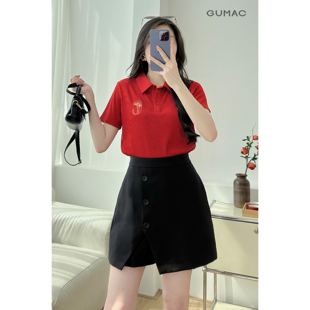 Áo Thun Polo Nữ GUMAC Form Suông Tay Ngắn  Thiết Kế Thêu Hoa Cúc Thanh Lịch PLE12013