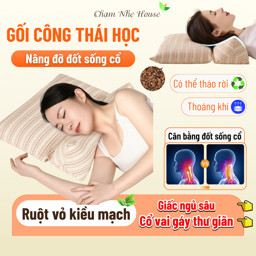 [Có Sẵn] Gối Kê Cổ Vỏ Hạt Kiều Mạch Nâng Đỡ Đốt Sống Cổ, Gối Công Thái Học Giảm Mỏi Vai Gáy Hỗ Trợ Ngủ Ngon Sâu Giấc