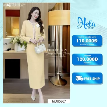 Set Thiết Kế Công Sở MDU5867 Dạ Tweed Ép Mùng Áo Đính Ngọc Chân Váy Ôm Midi Từ MDU Quý Phái