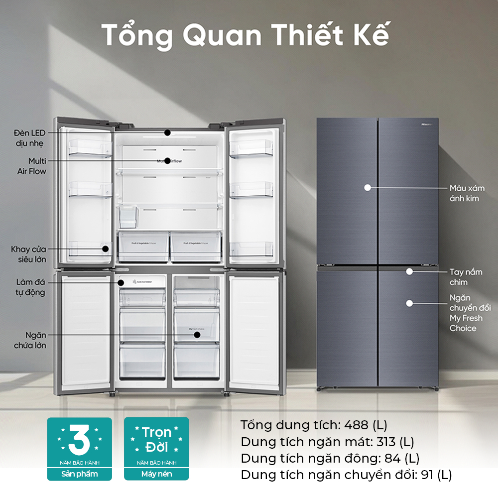 Tủ lạnh 4 Cửa Hisense 488L Inverter RQ630N4EBUI3 - Tiết kiệm | Tự làm đá | Kết nối Wifi - BH 3 Năm - Miễn Phí Giao Hàng