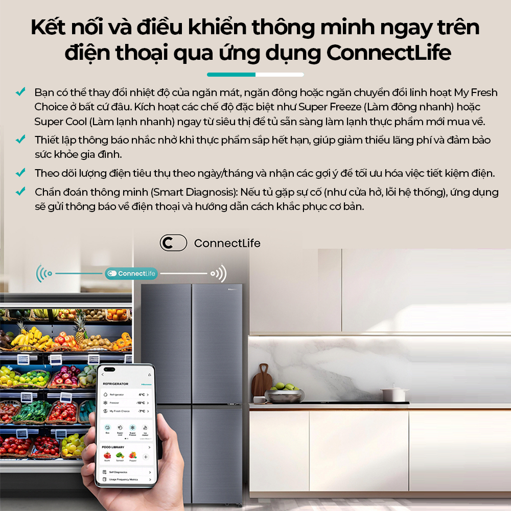 Tủ lạnh 4 Cửa Hisense 488L Inverter RQ630N4EBUI3 - Tiết kiệm | Tự làm đá | Kết nối Wifi - BH 3 Năm - Miễn Phí Giao Hàng