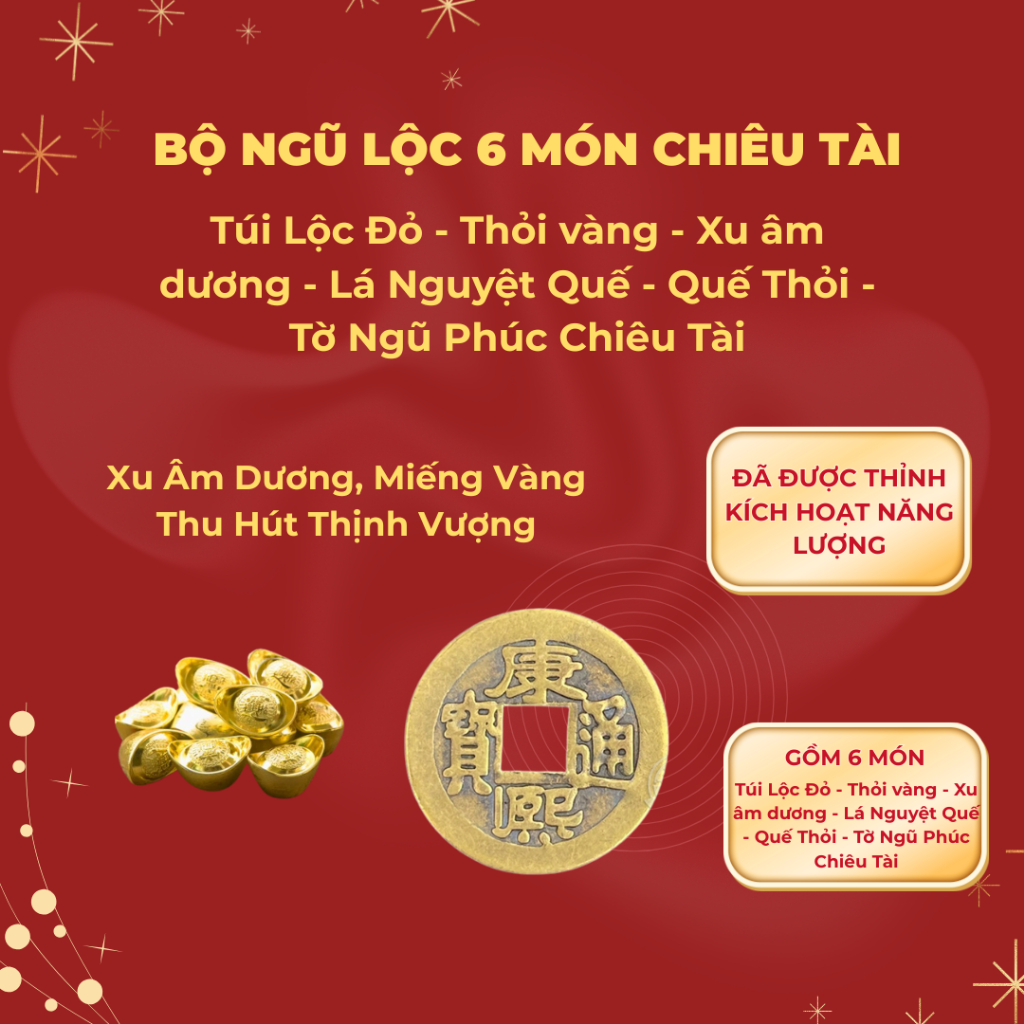 Combo 6 món phong thủy, vật phẩm chiêu tài lộc ( MẸO CÔ PHƯƠNG HẰNG ) để ví, túi xách, bàn làm việc.