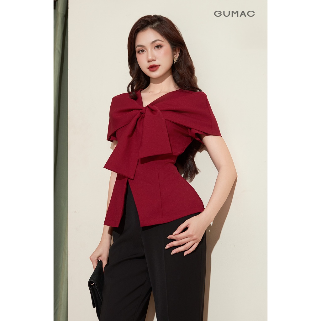 Áo peplum nữ GUMAC cổ V dáng ôm đánh eo có vạt đắp chéo qua lại tạo hình nơ  AF12001