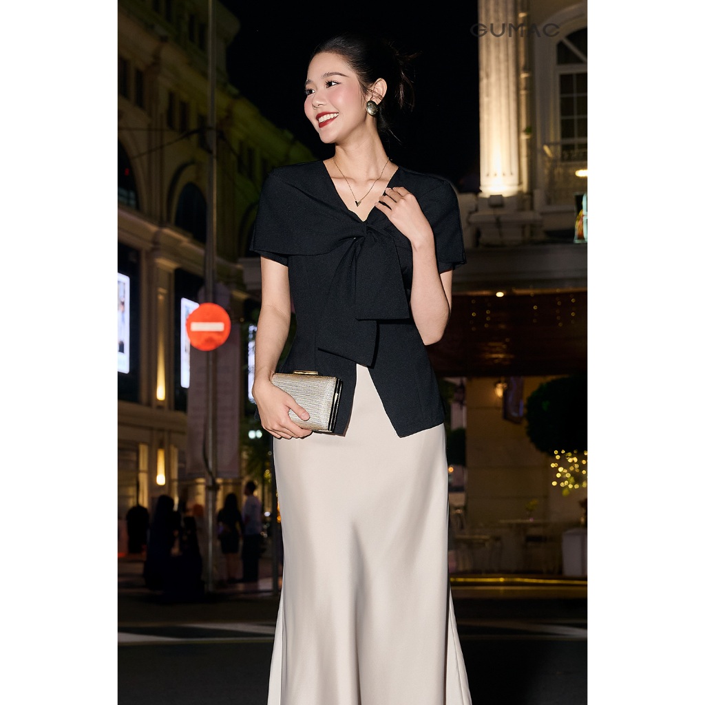 Áo peplum nữ GUMAC cổ V dáng ôm đánh eo có vạt đắp chéo qua lại tạo hình nơ  AF12001