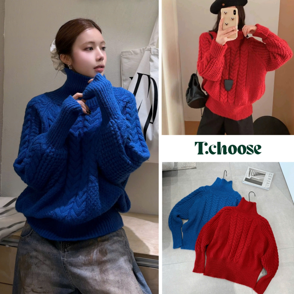Áo len thừng cổ lọ dài tay 2 màu xanh đỏ TCHOOSE
