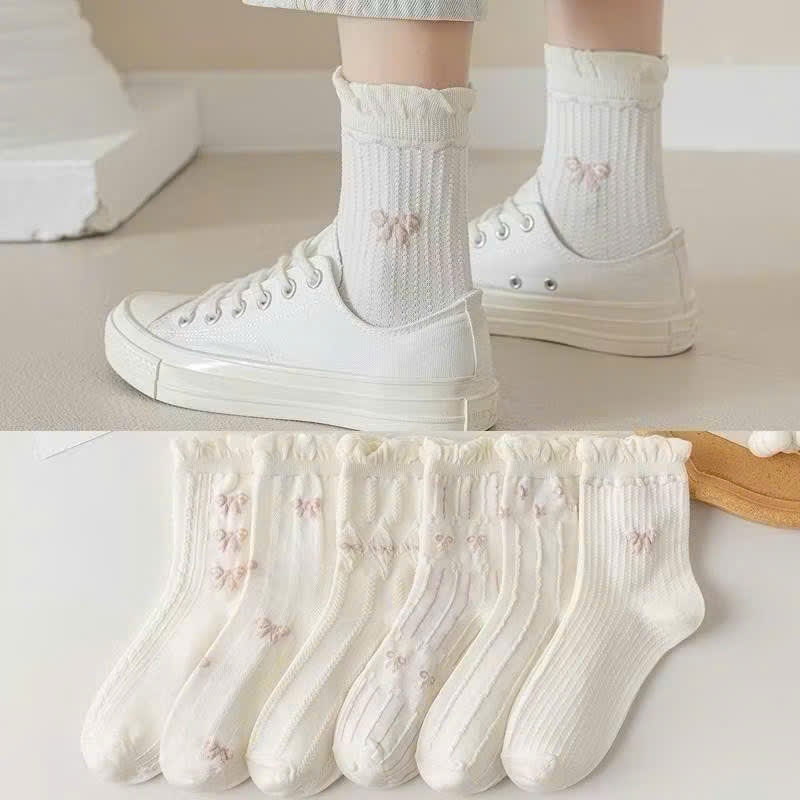 Tất Nữ Cổ Cao Vintage Phong Cách Lolita – Vớ Nữ Họa Tiết Nơ & Trái Tim Bánh Bèo – Chất Cotton Co Giãn Thấm Hút