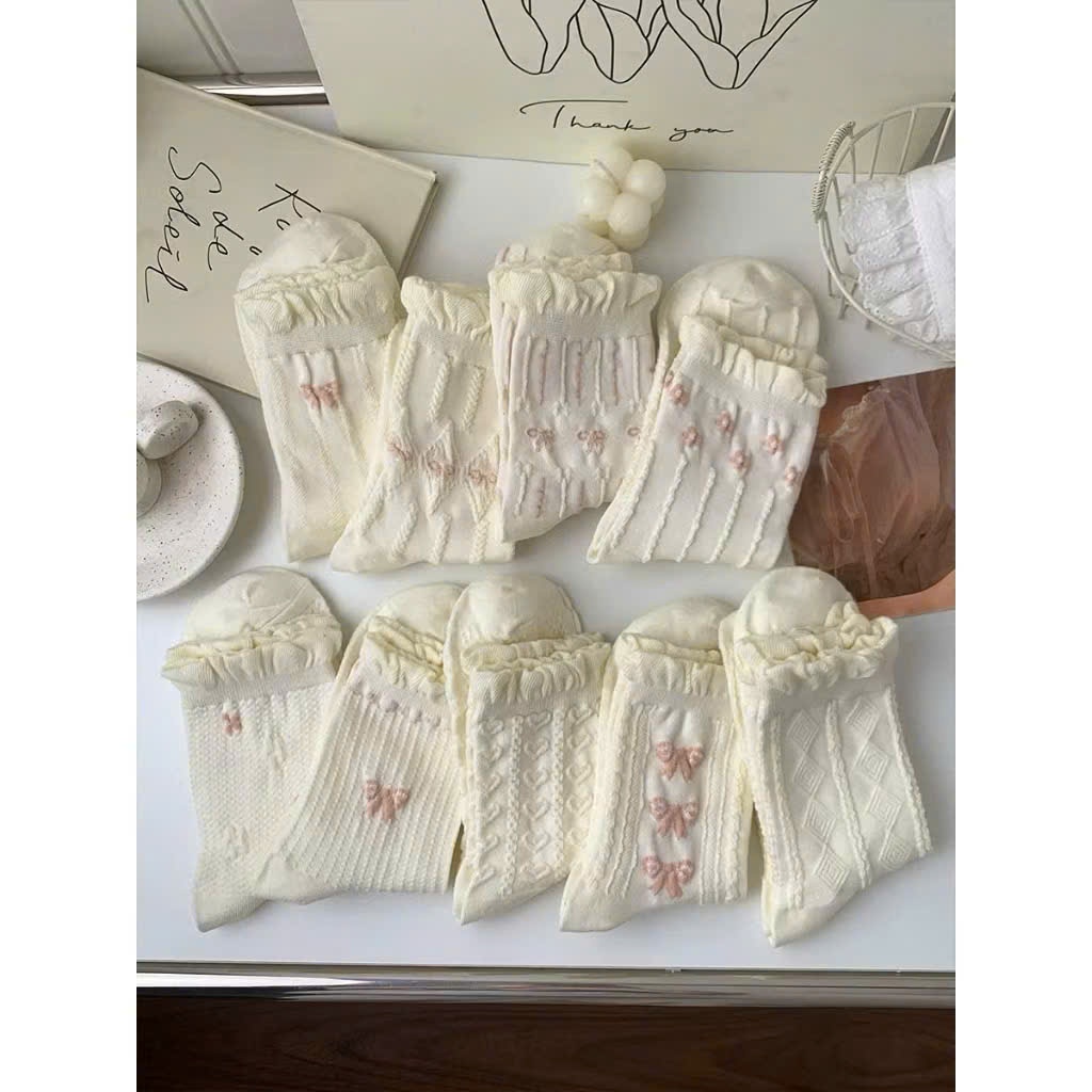 Tất Nữ Cổ Cao Vintage Phong Cách Lolita – Vớ Nữ Họa Tiết Nơ & Trái Tim Bánh Bèo – Chất Cotton Co Giãn Thấm Hút