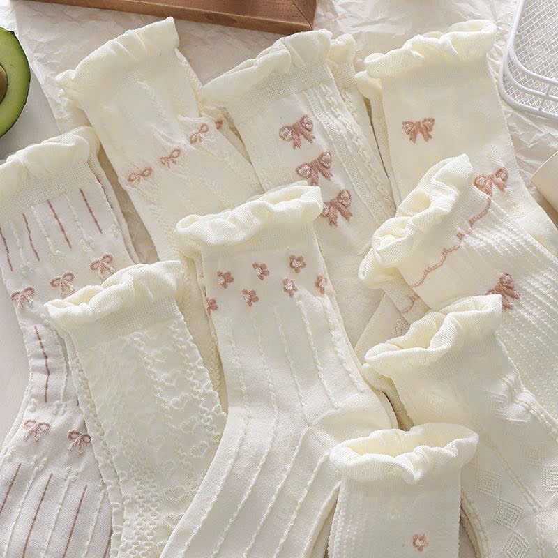 Tất Nữ Cổ Cao Vintage Phong Cách Lolita – Vớ Nữ Họa Tiết Nơ & Trái Tim Bánh Bèo – Chất Cotton Co Giãn Thấm Hút