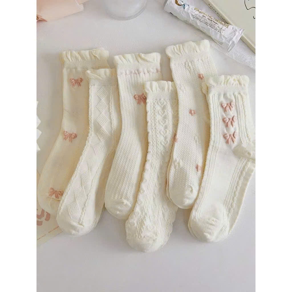 Tất Nữ Cổ Cao Vintage Phong Cách Lolita – Vớ Nữ Họa Tiết Nơ & Trái Tim Bánh Bèo – Chất Cotton Co Giãn Thấm Hút