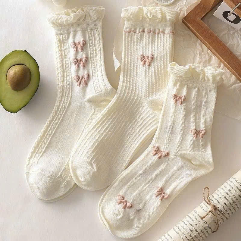 Tất Nữ Cổ Cao Vintage Phong Cách Lolita – Vớ Nữ Họa Tiết Nơ & Trái Tim Bánh Bèo – Chất Cotton Co Giãn Thấm Hút