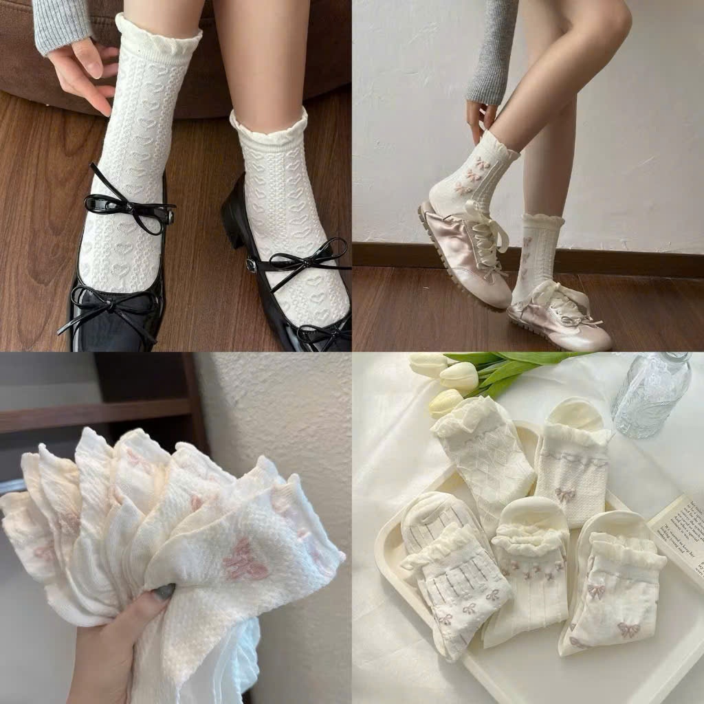 Tất Nữ Cổ Cao Vintage Phong Cách Lolita – Vớ Nữ Họa Tiết Nơ & Trái Tim Bánh Bèo – Chất Cotton Co Giãn Thấm Hút