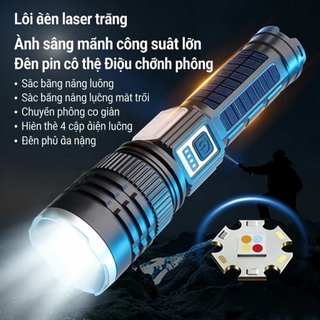 Đèn pin sạc năng lượng mặt trời, ánh sáng mạnh với zoom, hiển thị mức pin và đèn bên đa chức năng