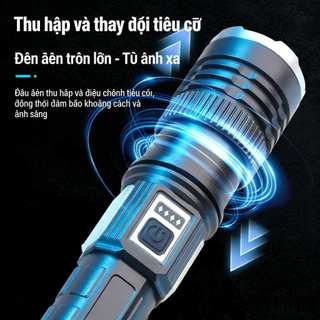 Đèn pin sạc năng lượng mặt trời, ánh sáng mạnh với zoom, hiển thị mức pin và đèn bên đa chức năng