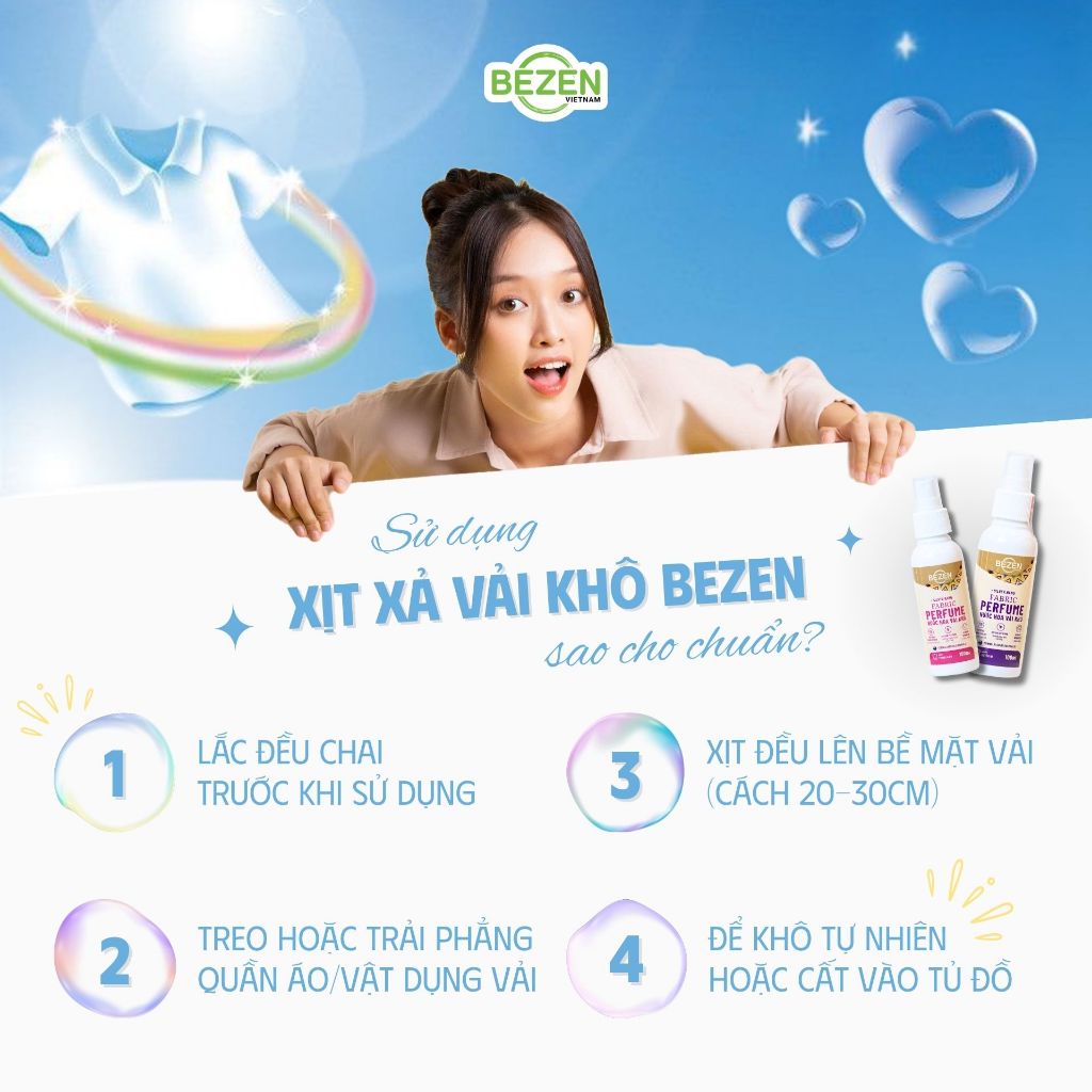 Xịt Thơm Quần Áo Xả Vải Khô Bezen 100ml Tinh Dầu Thơm  Lưu Hương Làm Mềm Vải Khử Mùi Hôi Ẩm Mốc