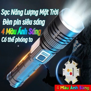 Đèn pin sạc năng lượng mặt trời, ánh sáng mạnh với zoom, hiển thị mức pin và đèn bên đa chức năng