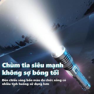 Đèn pin sạc năng lượng mặt trời, ánh sáng mạnh với zoom, hiển thị mức pin và đèn bên đa chức năng