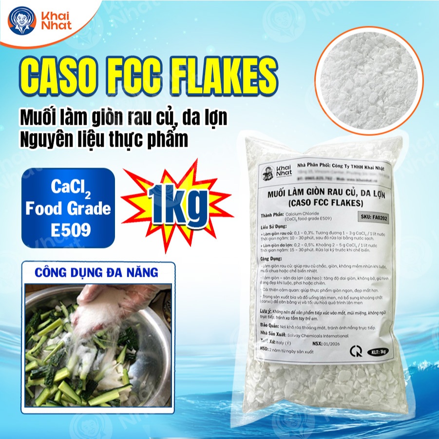 Caso muối làm giòn rau củ da Lợn Khai Nhật - CaCl2 Flakes - Phụ Gia Thực Phẩm  (Gói 1kg)