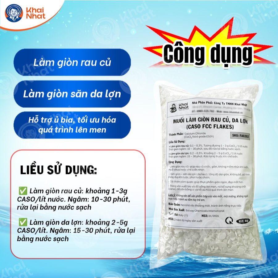 Caso muối làm giòn rau củ da Lợn Khai Nhật - CaCl2 Flakes - Phụ Gia Thực Phẩm  (Gói 1kg)