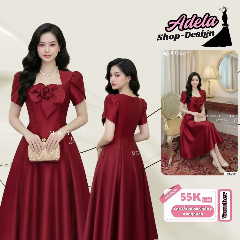 Váy Thiết Kế ADELA DESIGN Lụa Twist Satin Đỏ Đô Dáng Xòe Midi Cổ Vuông Đính Hoa Thủ Công Thanh Lịch Dự Tiệc MDU5882