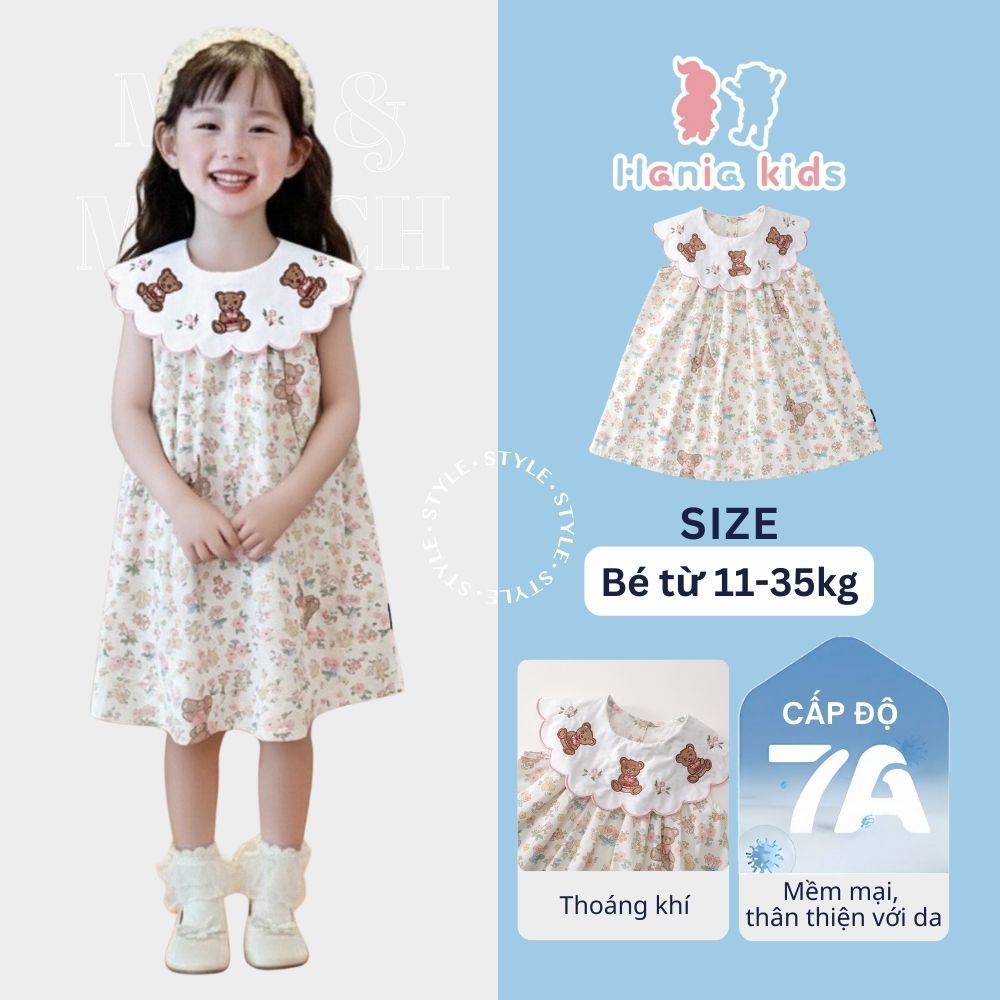 Váy Bé Gái Hania Kids, Váy Mùa Hè Cổ Tròn Họa Tiết Gấu Đáng Yêu Bé Mặc Hàng Ngày Chất Liệu Cotton