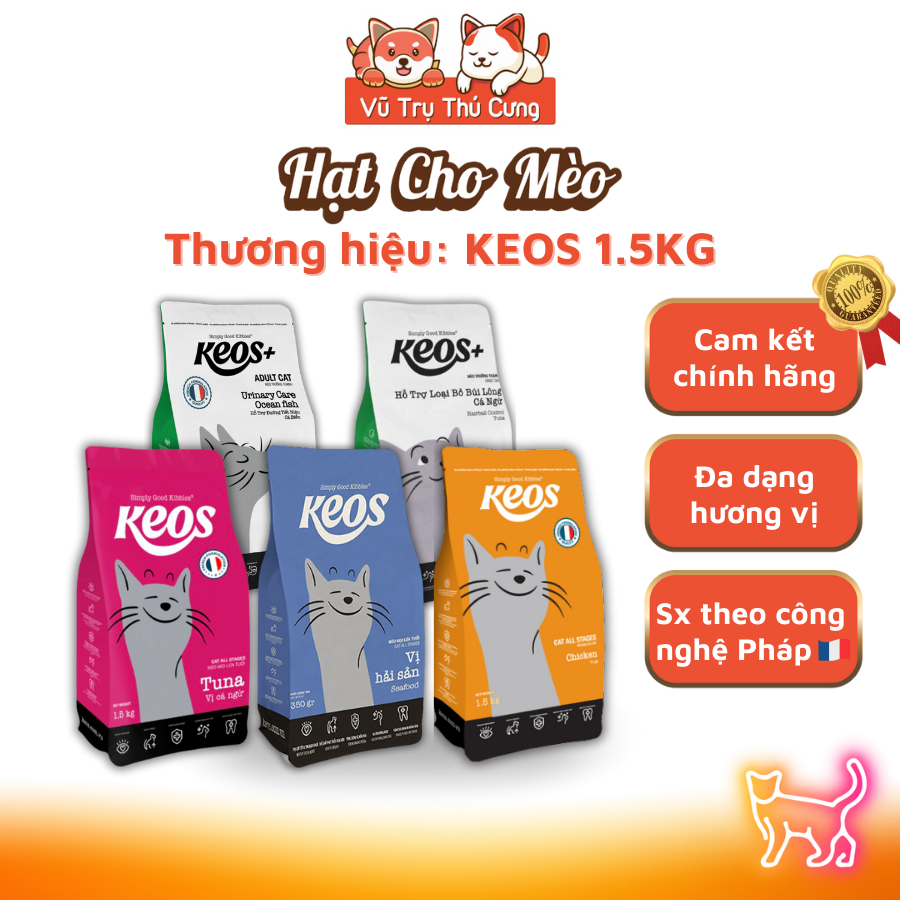 (1.5Kg) Thức Ăn Hạt Cho Mèo Keos Giúp Tiêu Búi Lông, Tiết Niệu