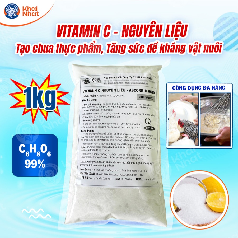 Khai Nhật Bột Vitamin C Nguyên liệu Ascorbic Acid C6H8O6 99% Tạo độ chua thực phẩm, tăng sức đề kháng (Gói 1kg)