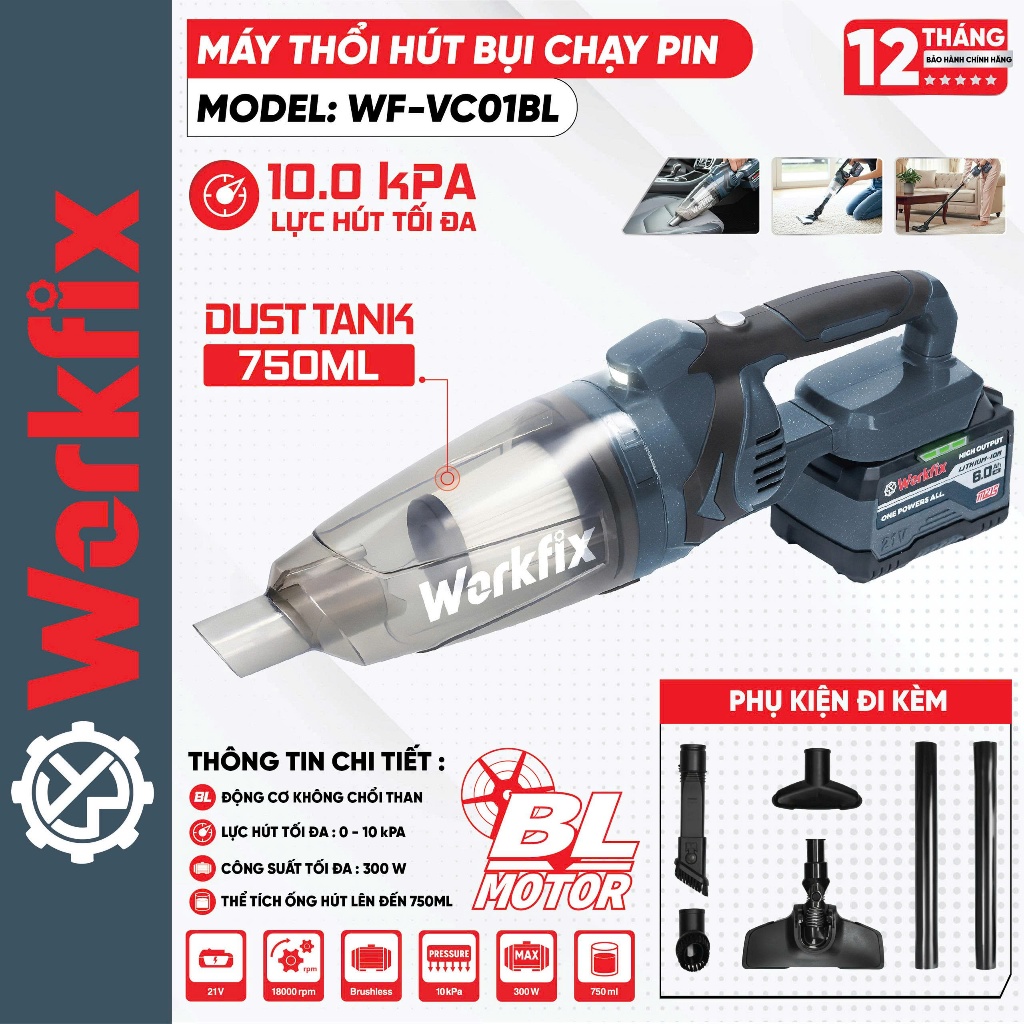 Máy Hút Bụi Cầm Tay Chạy Pin Workfix WF-VC01BL – Lực Hút 10kPa – Động Cơ Không Chổi Than – Bình Bụi 750ml