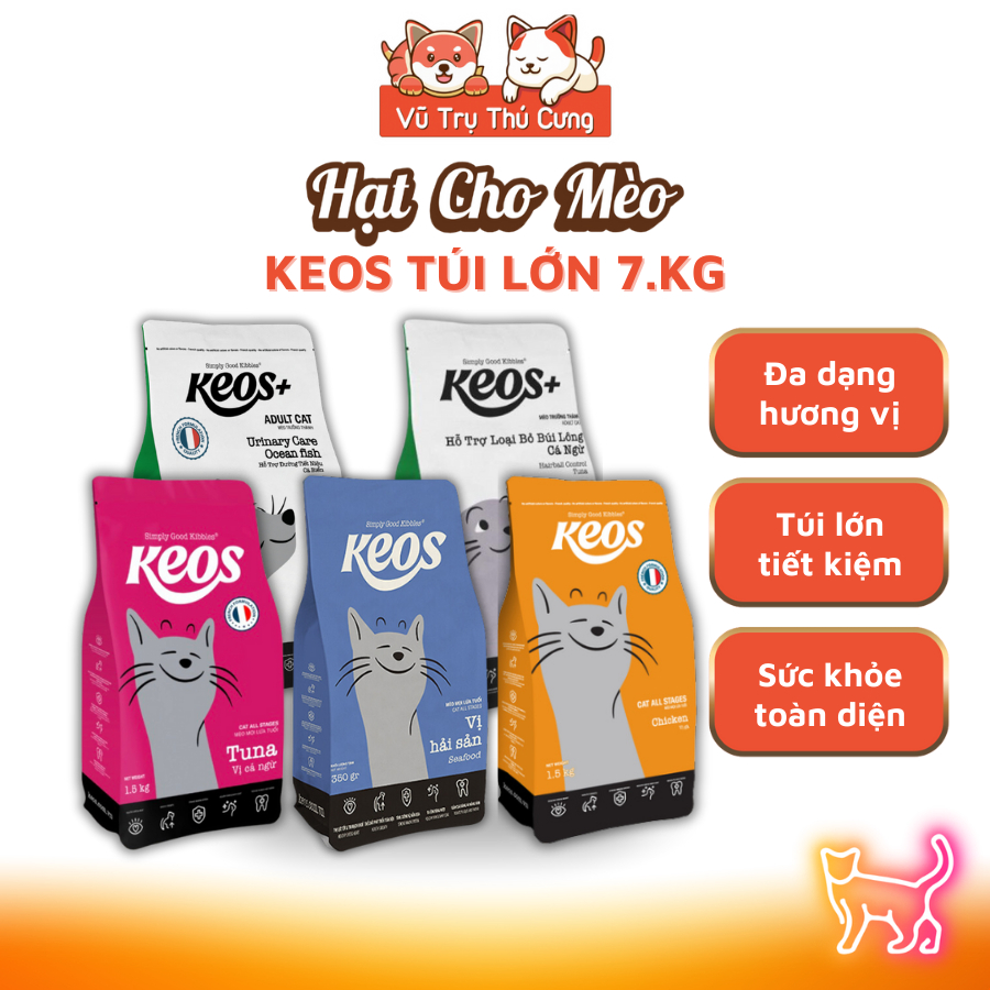 (7Kg) Thức Ăn Hạt Cho Mèo Keos Hỗ Trợ Tiết Niệu và Tiêu Búi Lông