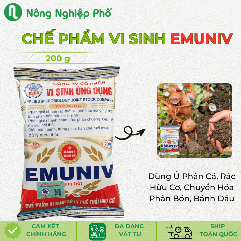 Chế Phẩm Vi Sinh EM EMUNIV Dùng Ủ Phân Cá, Rác Hữu Cơ, Chuyển Hóa Phân Bón, Bánh Dầu Gói 200gram