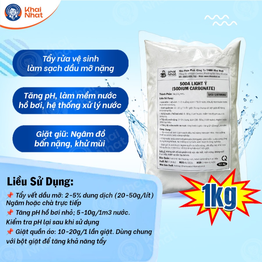 Bột Soda Ash Light  Ý- Na2CO3 99% -Tăng pH Hồ Bơi, Tẩy Rửa đa năng,(1kg/gói)