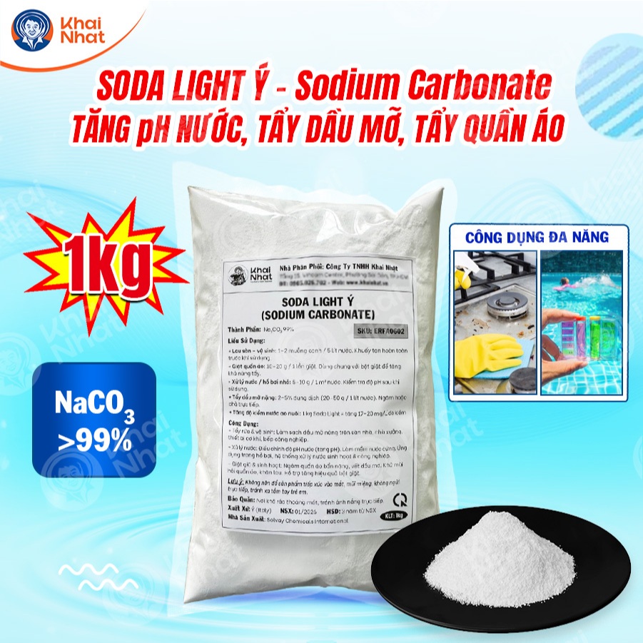 Bột Soda Ash Light  Ý- Na2CO3 99% -Tăng pH Hồ Bơi, Tẩy Rửa đa năng,(1kg/gói)