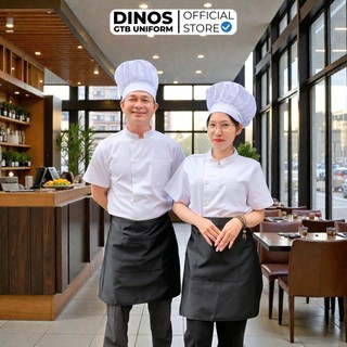 Áo Bếp Nhà Hàng DINOS GTB Cao Cấp – Màu Trắng, Ngắn Tay Gọn Gàng Cho Nam Nữ