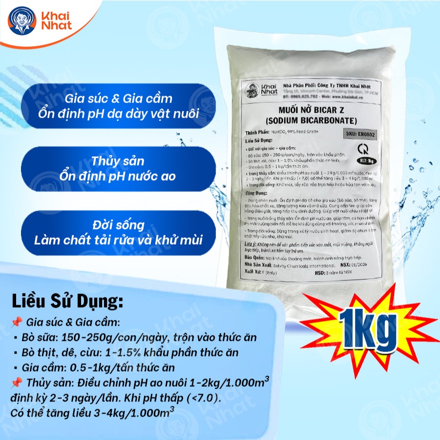 Muối nở Bicar Z NaHCO3 99% Sodium Bicarbonate Tăng Kiềm Ao Nuôi Tôm Cá Ổn Định Nước (Gói 1kg)